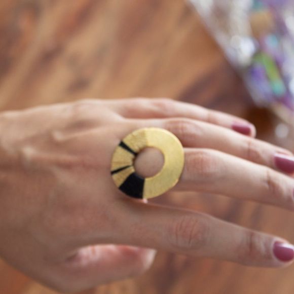 Handmade open ring adjustable gold plated brown new - Picture 5 of 5